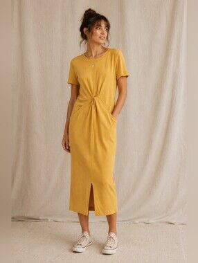 Daily Practice Delevan Dress Ochre Yellow Knot Front Pocket Midi Dress XS